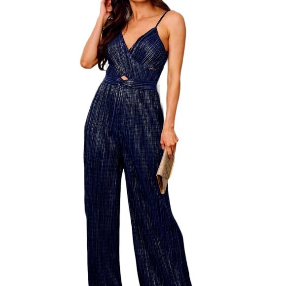 Women`s Sleeveless V-Neck Front Cut Out Shimmer Jumpsuit, Navy, Xsmall-Large - Picture 1 of 6